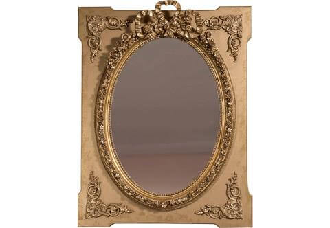 An elegant French 19th century Louis XVI Neoclassical style parcel gilt and creamy blanc de plomb finish oval and re-entrant mirror frame, The mirror plate is framed within a fabulous gilded and patinated convex beaded border leading out to a richly carved and most decorative oak leaf and acorn, magnolia fleuron trailing foliage outer band surrounded with twisted border, The beautiful gilded top crown displays a central crest with large knotted ribbons amidst hanging garlands of blossoming flowers and roses, flanked to the four corners with a gilded Neoclassical moulding of a honeysuckle scrolled motifs cartouches, All within re-entrant frame in aged creamy blanc de plomb finish